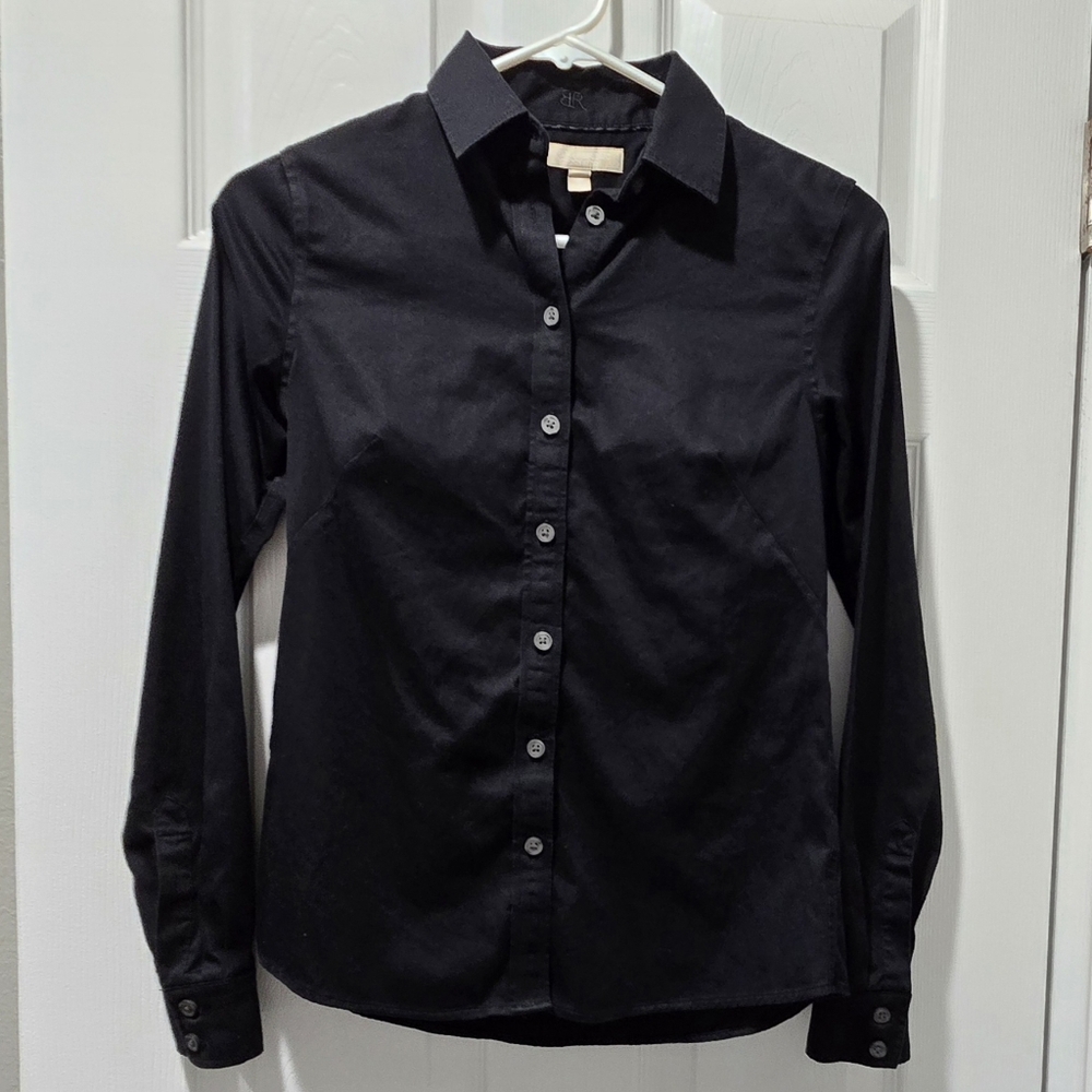 Banana Republic Black Womens Sateen Non Iron Fitted Button Down Shirt 0P Petite